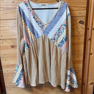 Angie Women's Patchwork V-Neck Blouse - Blue, Orange, Cream